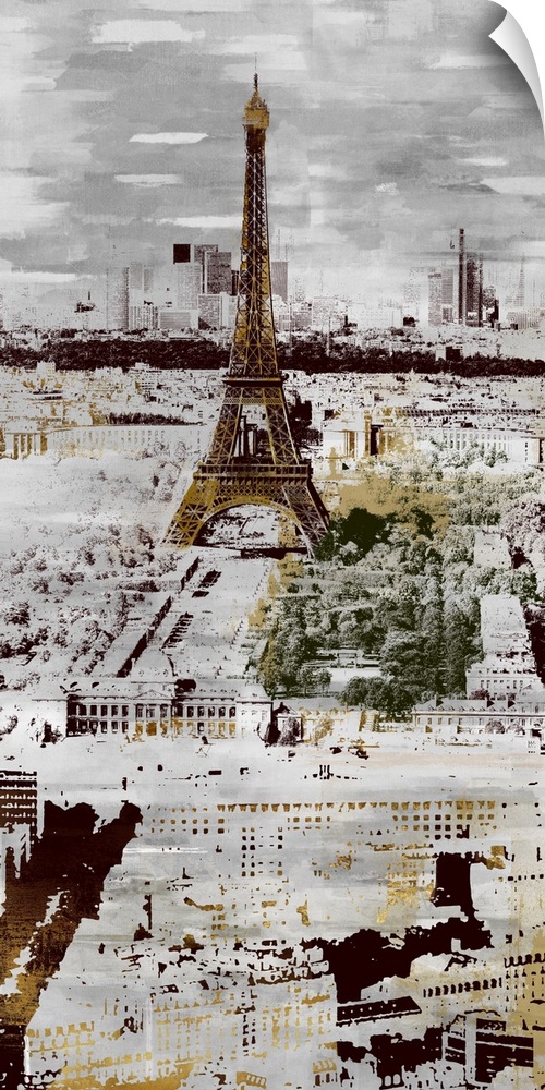 A long vertical image of the Eiffel Tower in Paris in faded gray tones with spatters of gold throughout.