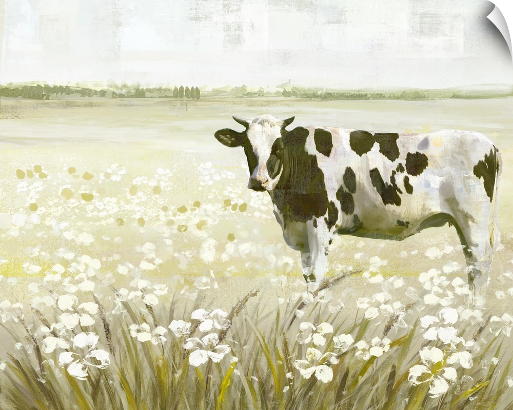 Decorative artwork of a black and white cow in a field full of flowers.