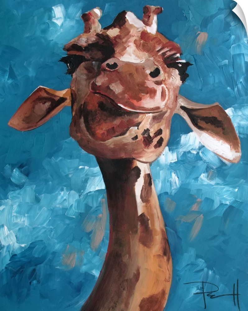 Painting of a giraffe making a humorous face.