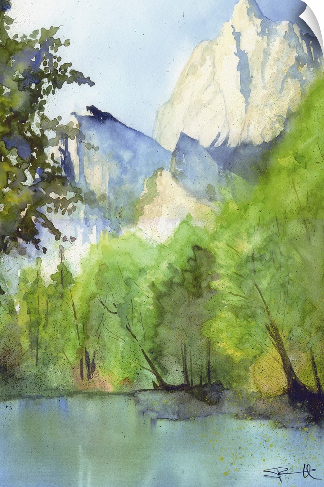 Landscape painting of a river in a forest with tall mountains.