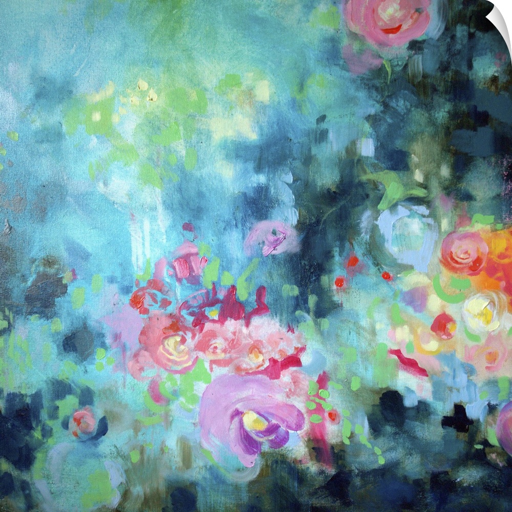 Semi-abstract painting of pink and lavender flowers surrounded by blue texture.
