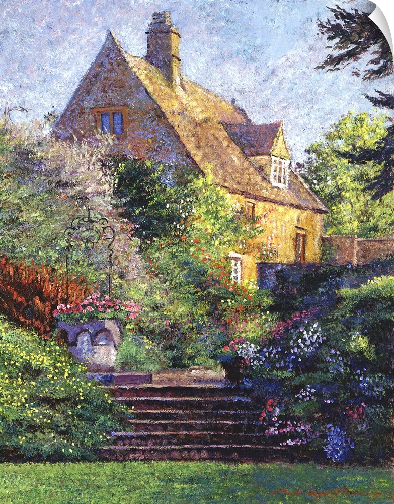 Painting of a cottage with an extensive garden in the late afternoon sunlight.