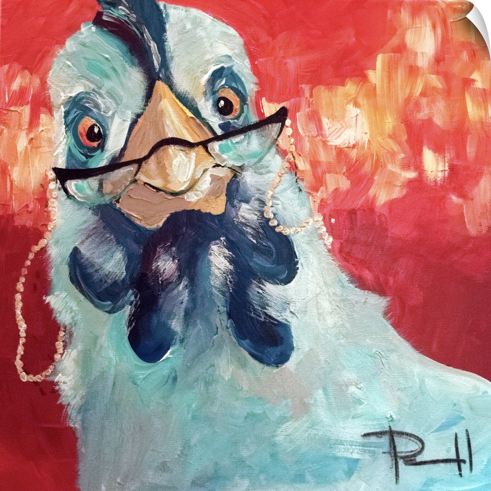 Funny portrait of a chicken wearing reading glasses.