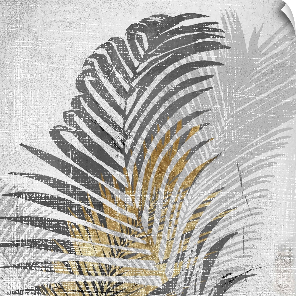 A square artistic image of a gold and gray fern leaves with a fade leaf in the background with white scratches on top.