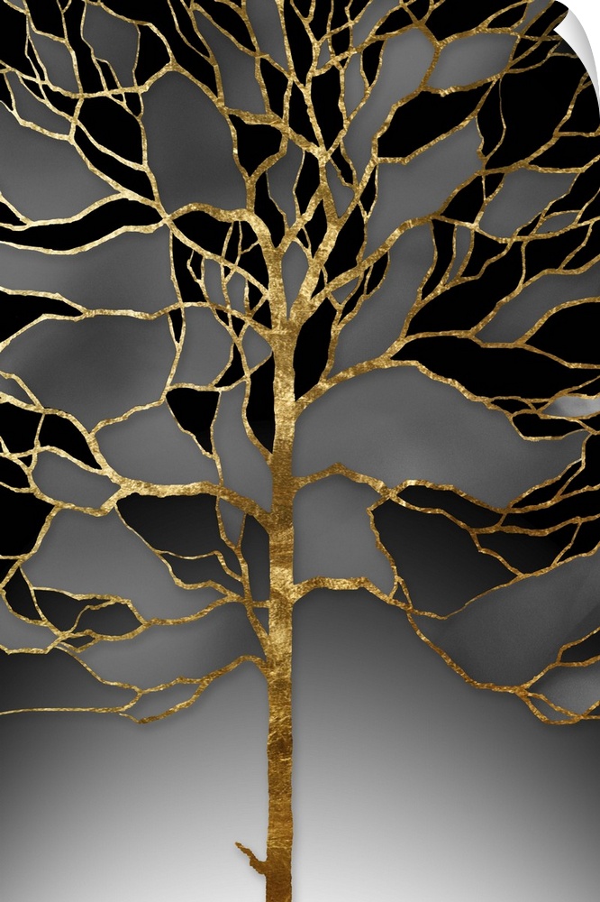 A modern design of a tree of metallic gold with shades of gray and black between the branches.