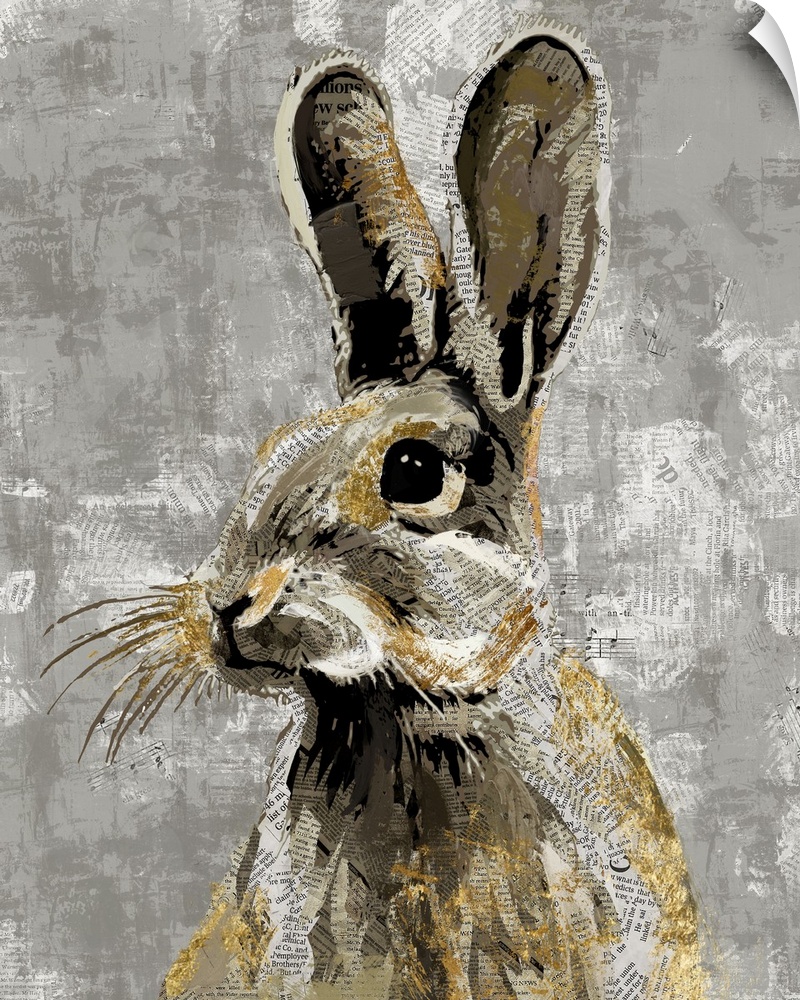 A decorative image of a rabbit with gold accents on a gray backdrop with faded newspaper peeping throughout.