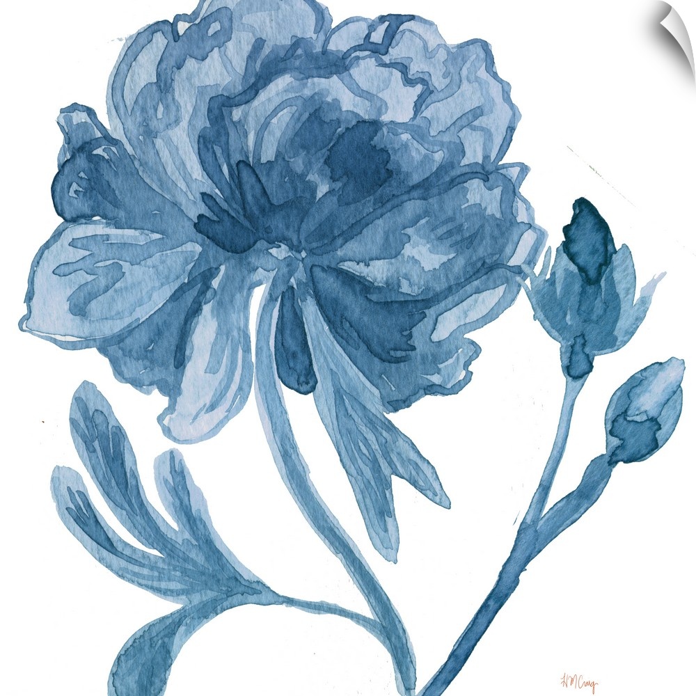A blooming flower and two small buds in blue tones.