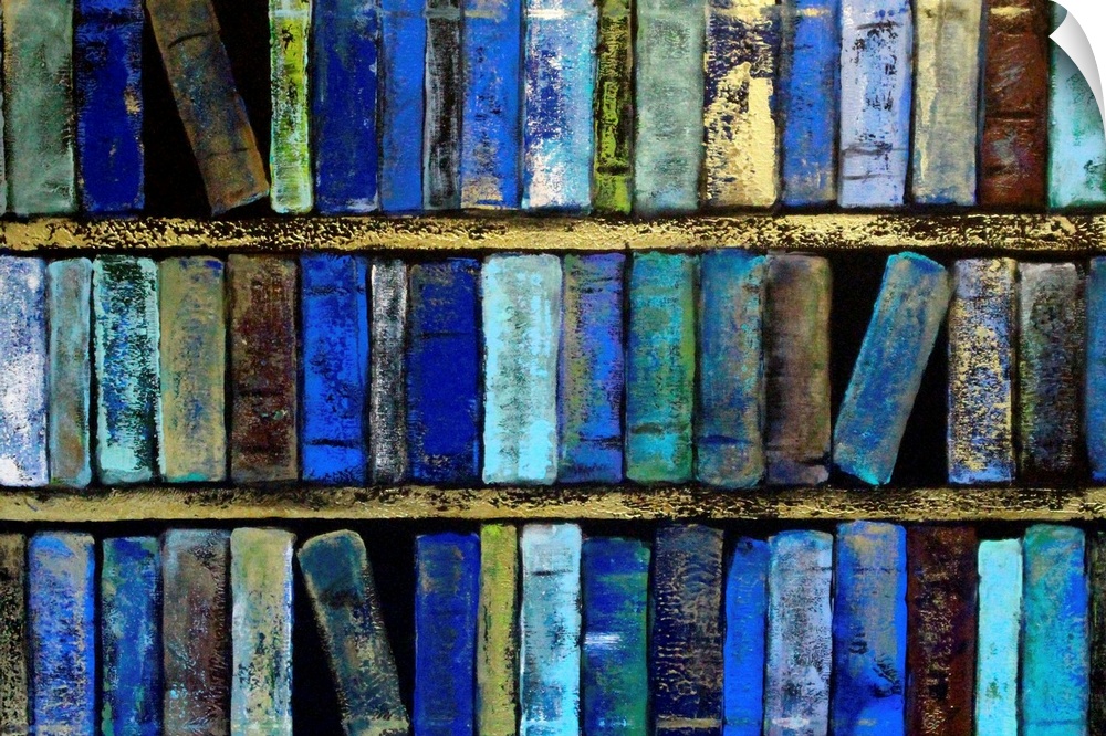 Three shelves of books in varying shades of blue.