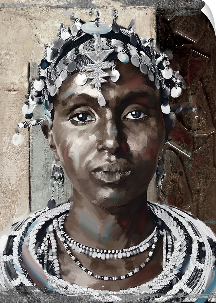 Portrait of a woman wearing elaborate beaded necklace and headdress.