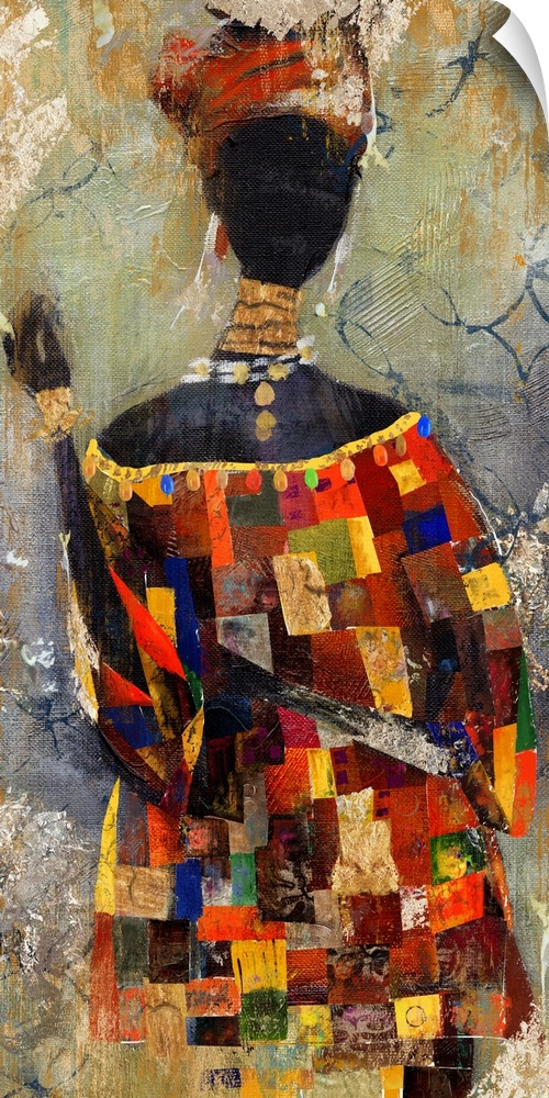 A vertical contemporary painting of a a woman with a bright, colorful patched dress with a textured neutral background.