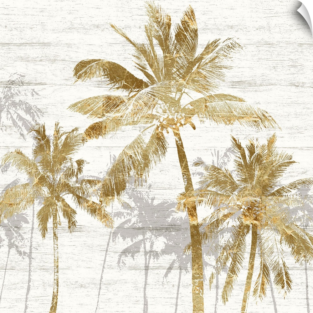 Square artwork of a group of gold palm trees with gray trees behind, on a white wood backdrop.