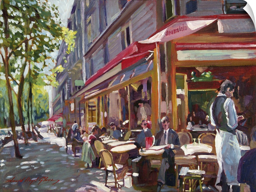 Painting of an outdoor cafe in Paris in the morning sunlight.