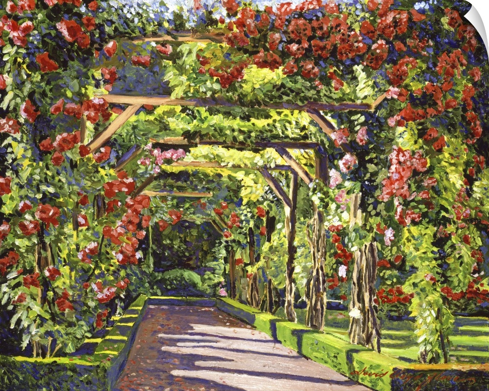 Painting of a pathway covered by trellises with blooming roses.