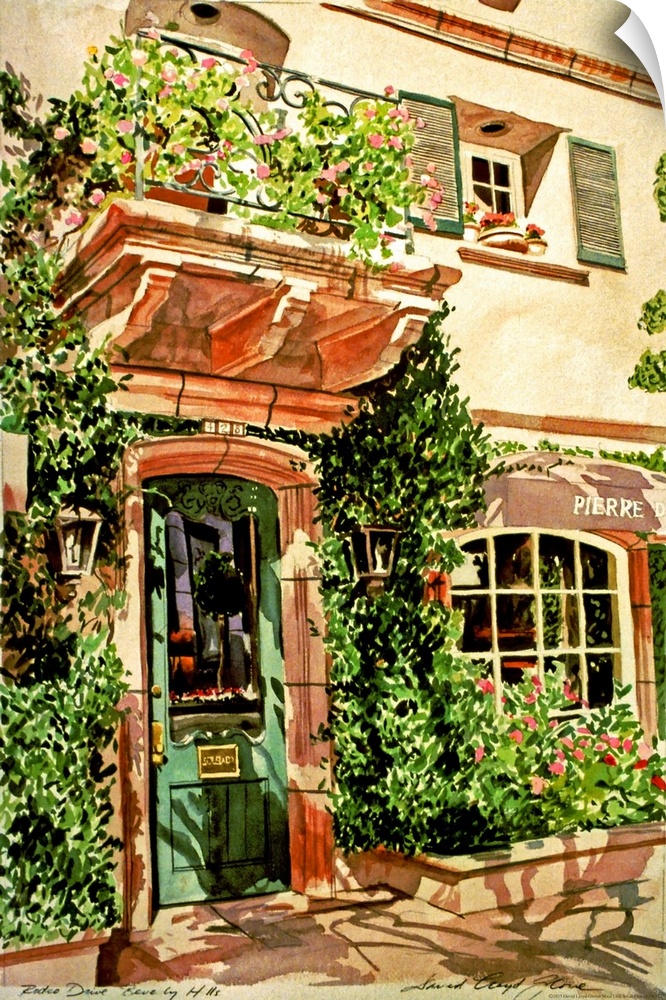 Watercolor painting of a doorway and window covered in vines in a European village.