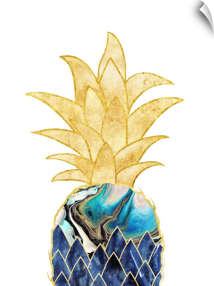 Decorative artwork of a pineapple with a blue marbled effect, outlined in gold with gold leaves, on a white background.
