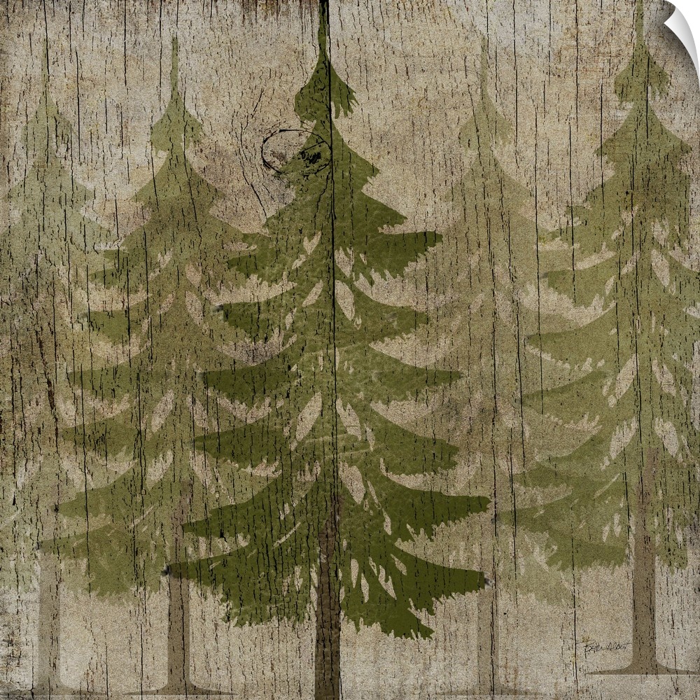Stylized forest of green pine trees on a faux weathered wooden board.
