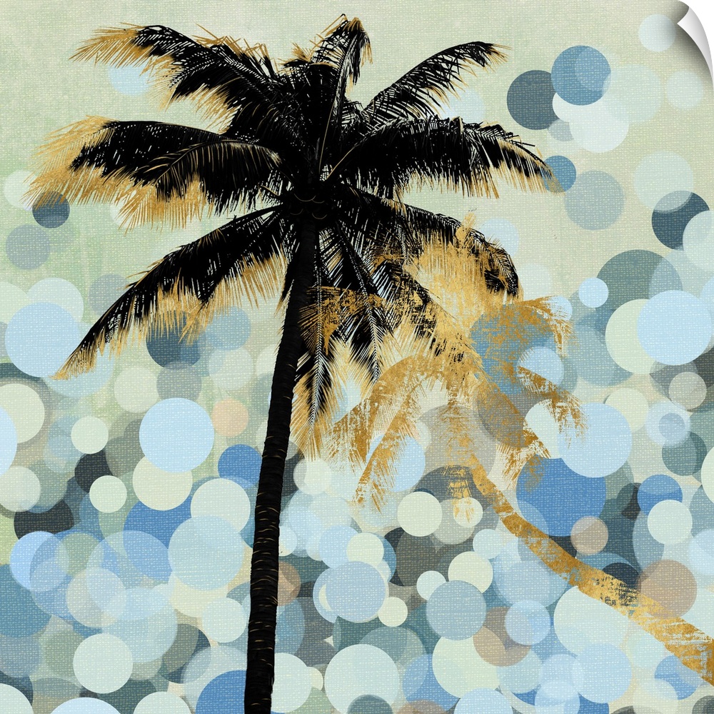 Decorative image of black and gold palm trees over multi-colored circles in varies sizes overlapping each other.