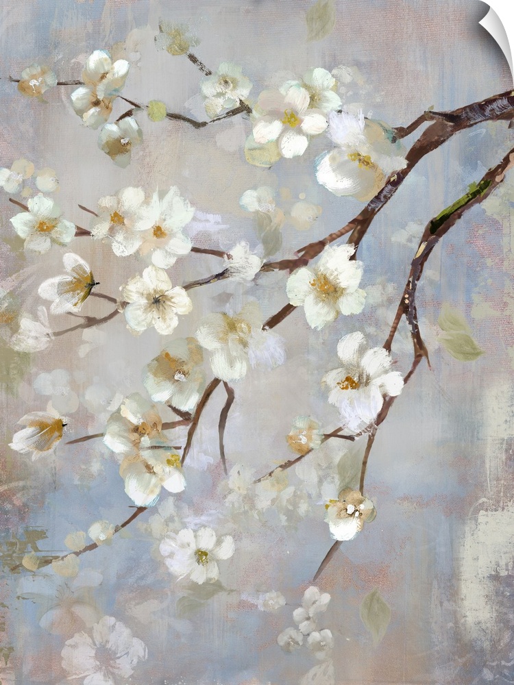 A contemporary vertical painting of a branch of white cherry blossoms against a neutral backdrop.