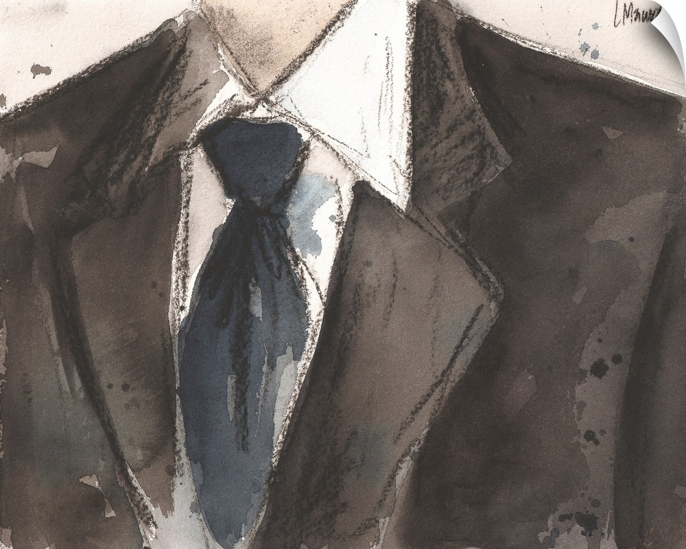 Watercolor painting of a man's suit jacket and tie.