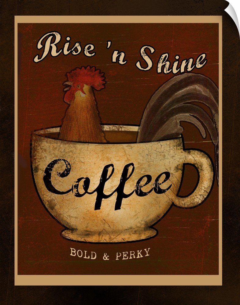 Kitchen decor of a rooster in a mug of coffee.