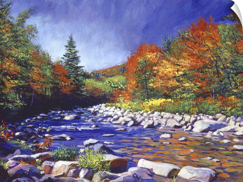 Painting of a river lined with rocks and trees turning fall colors.