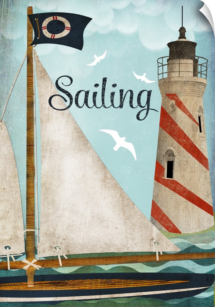 Illustration of a sailboat on the water near a striped lighthouse.