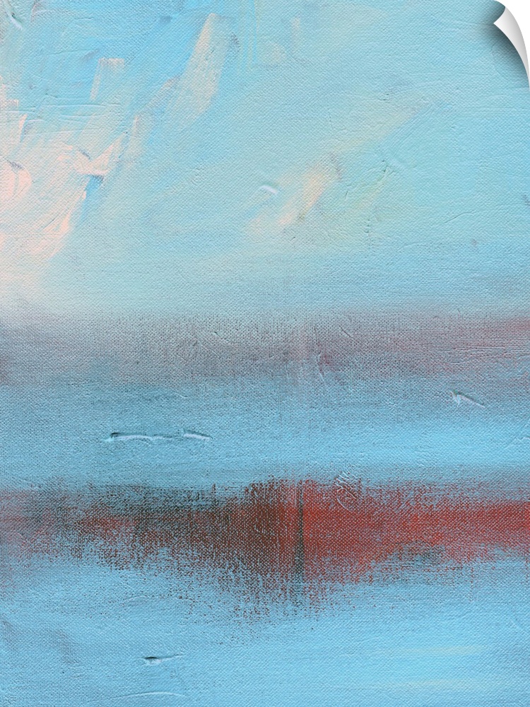 Abstract painting in shades of red and blue, resembling clouds in the sky.