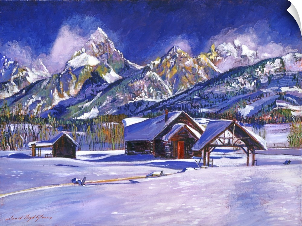 Painting of a cabin near a mountain range in a snowy landscape.
