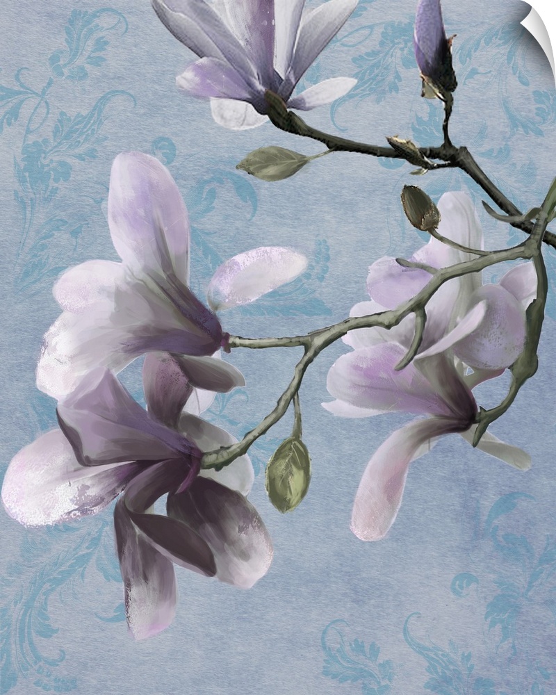Vertical painting of lavender flowers on a floral blue background with rough strokes applied to the petals.