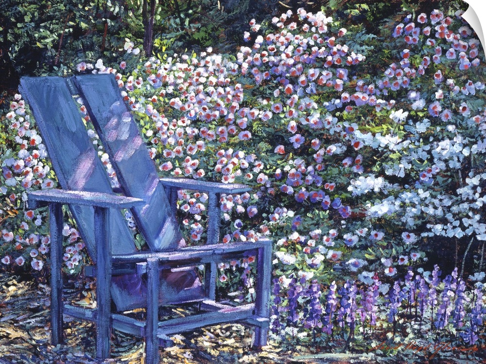 Impressionist paintng of a blue garden chair surrounded by blooming shrubs.18 x 24" acrylic on canvas