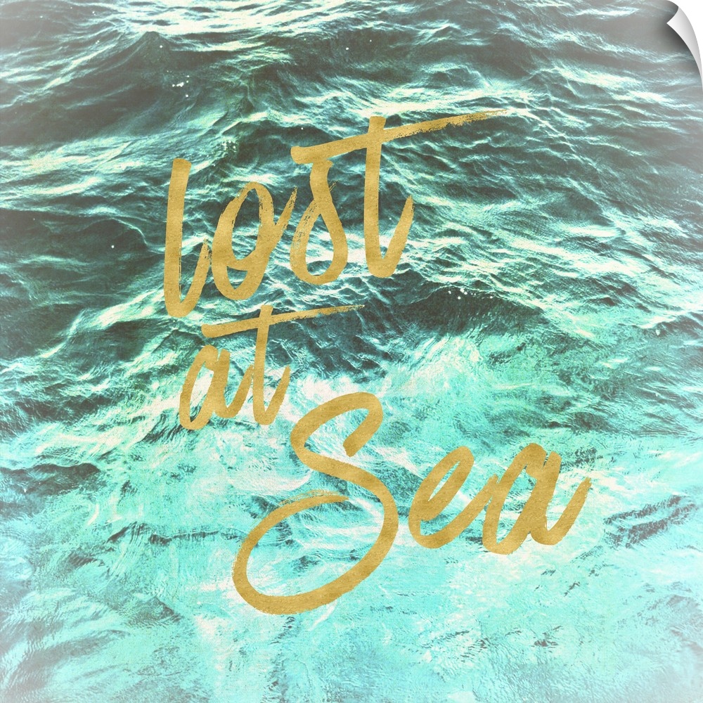 "Lost at Sea" in golden script over an image of rippling ocean waves.