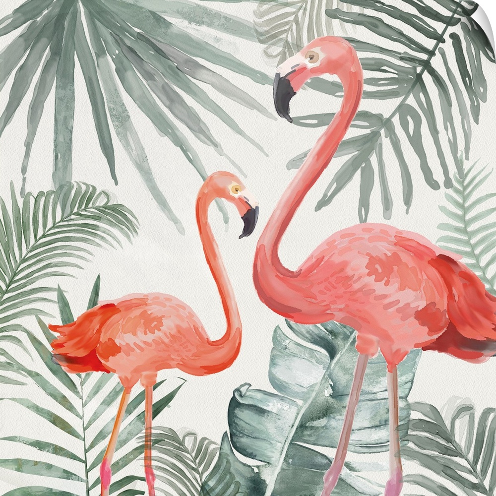 Flamingos With Tropical Leaves