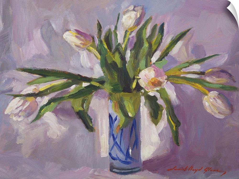 Contemporary painting of a blue vase full of long-stemmed tulips.