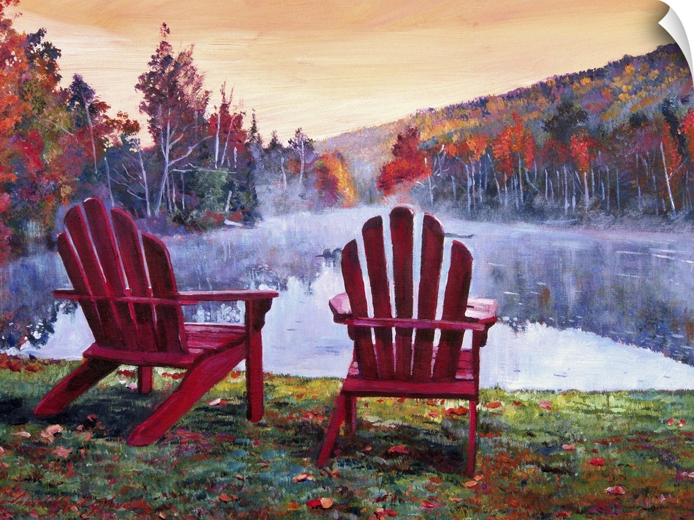 Painting of two red chairs on lakeshore in New England in the fall.