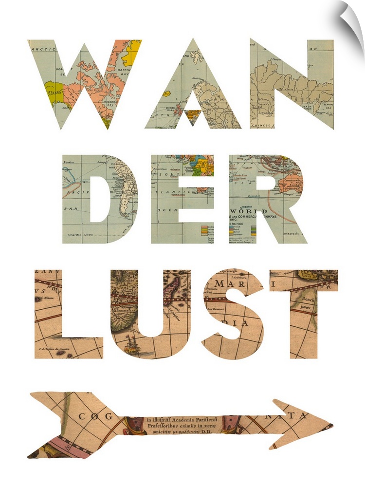 The word "wanderlust" and an arrow shape made from a vintage map.