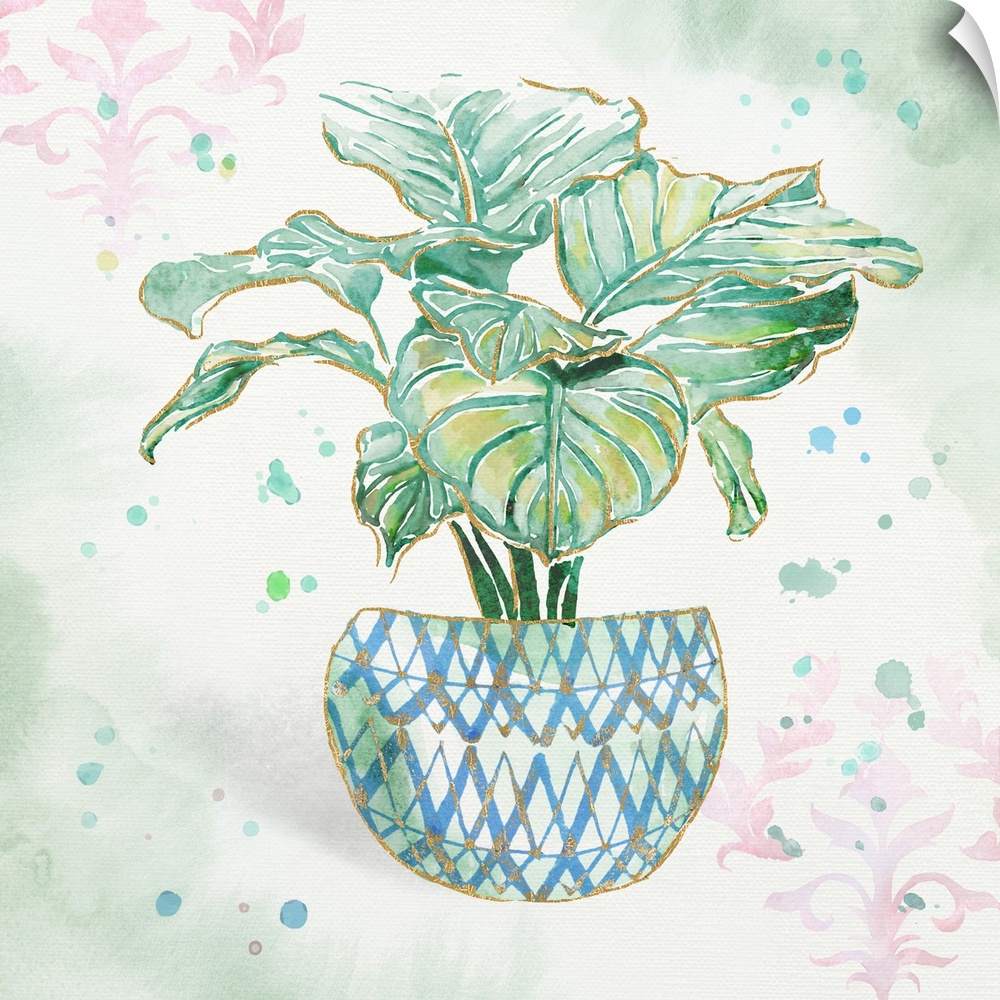 A watercolor painting of a cactus in a colorful patterned flowerpot with gold accents.