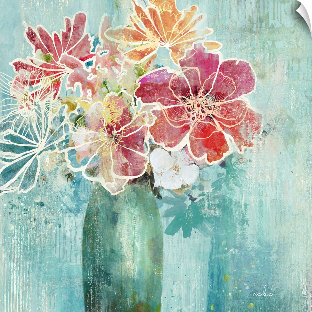 Artistic square painting of a vase full of colorful flowers outlined in white on a blue background with drips and speckles...