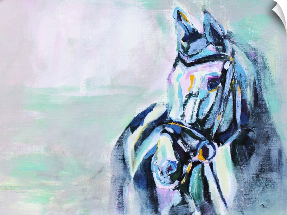 Serene painting of a horse wearing a bridle in shades of blue and sea green.