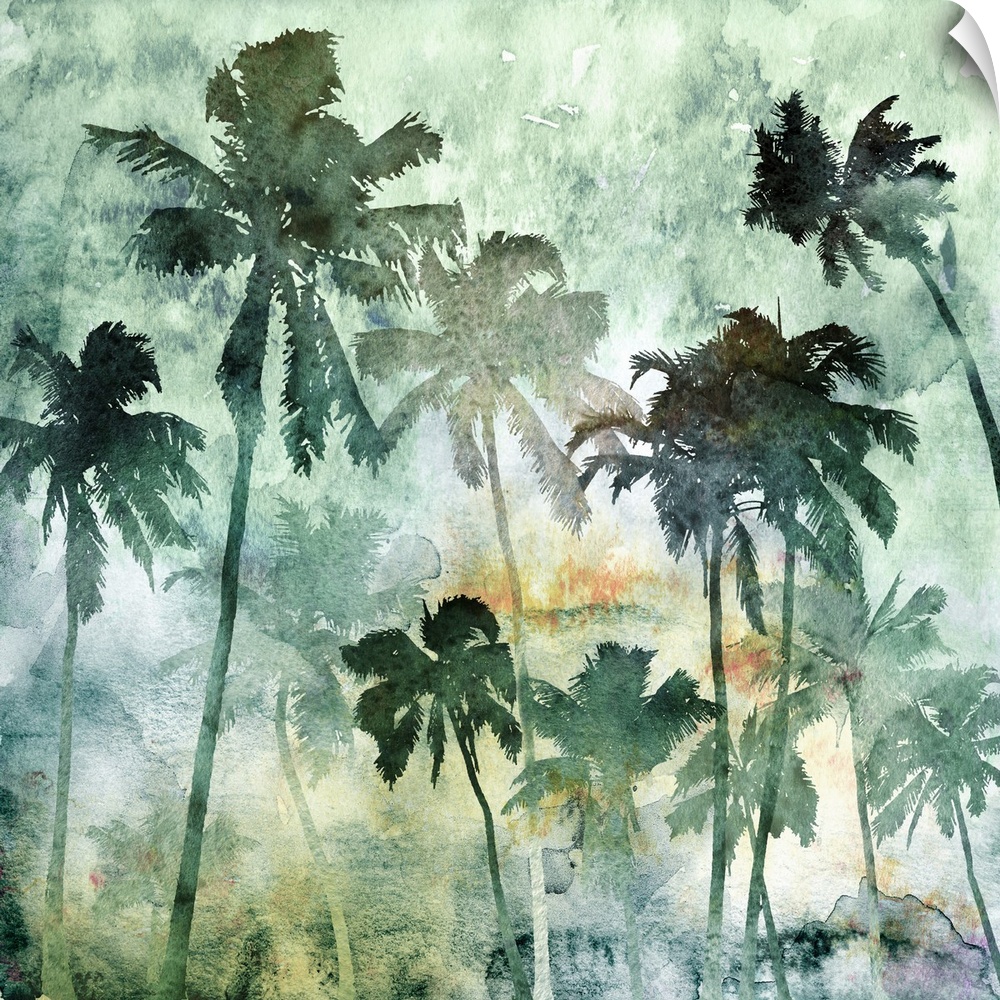 A square watercolor painting of a group of palm trees in shades of green.