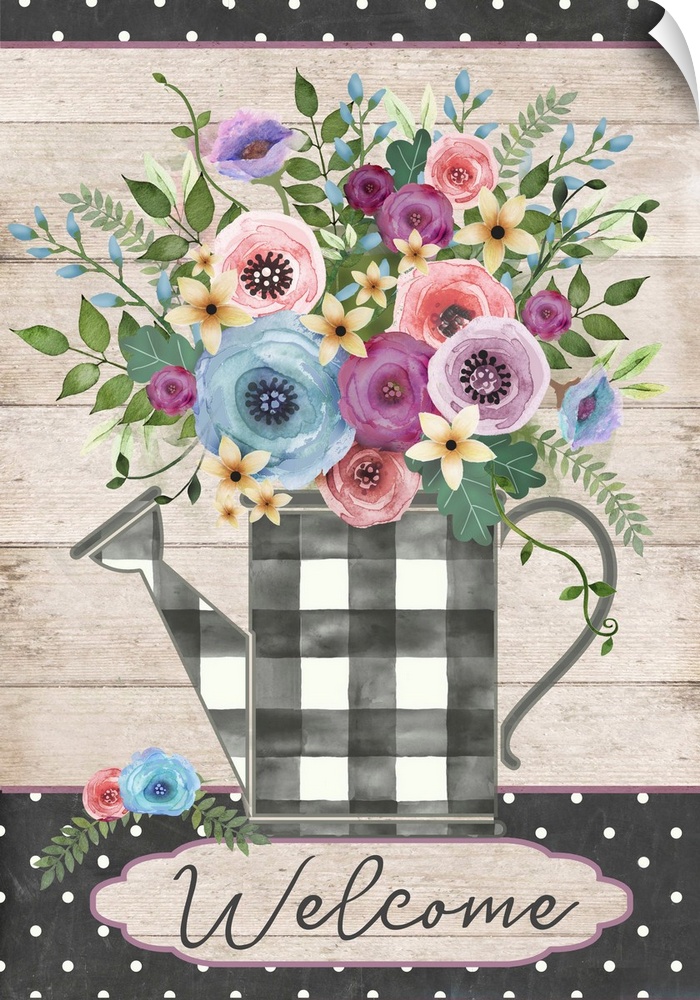 Plaid Watering Can With Flowers