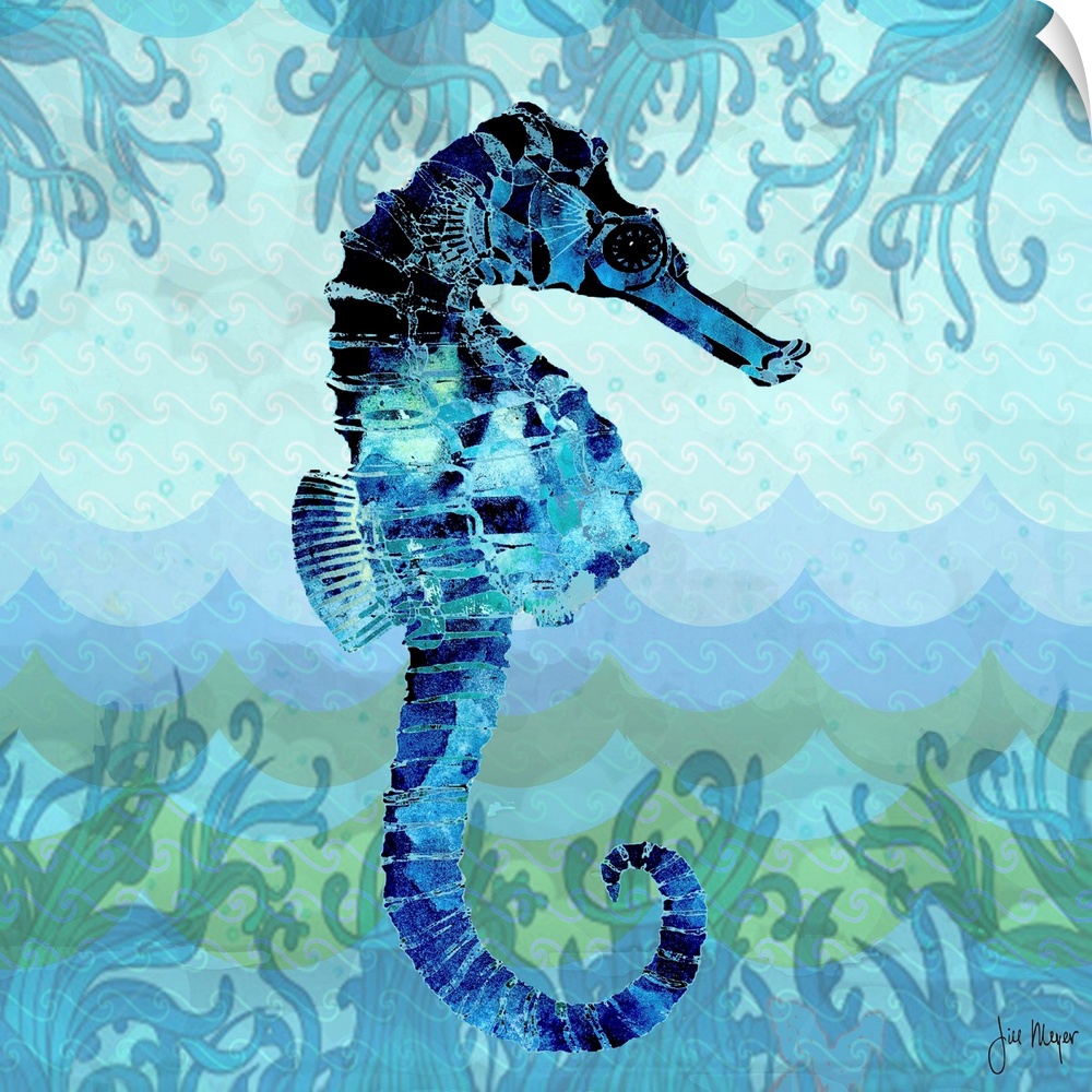 A blue watercolor seahorse.