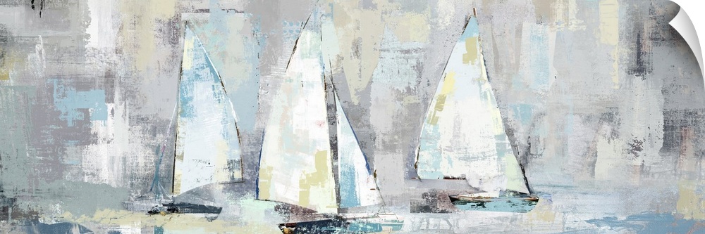 A large panoramic painting of a group of sailboats with muted patches of yellow, blue and gray.