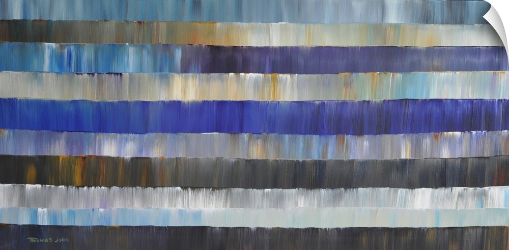 Abstract painting in layers of blue and grey.