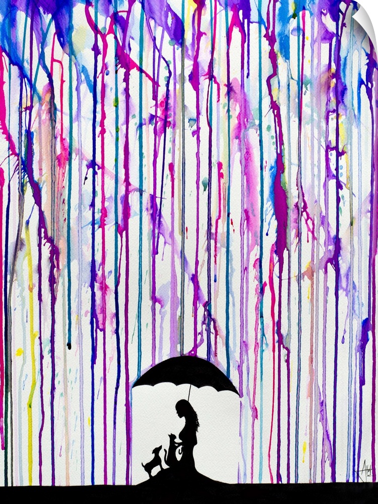 Watercolor and ink painting of a silhouetted woman with an umbrella and dogs under colorful rain.