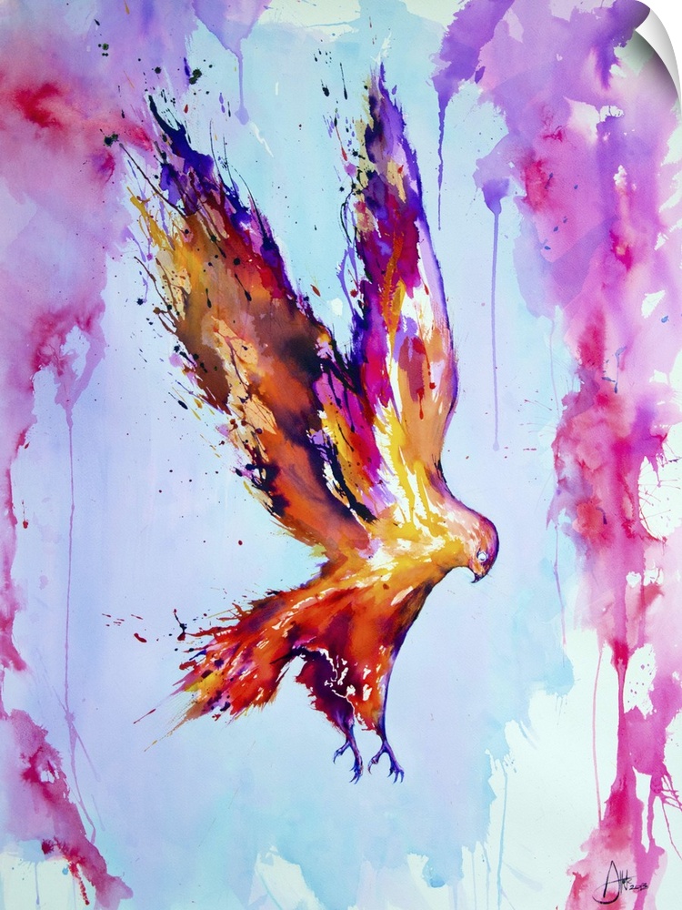 Watercolor and ink painting of a glowing orange bird in flight.
