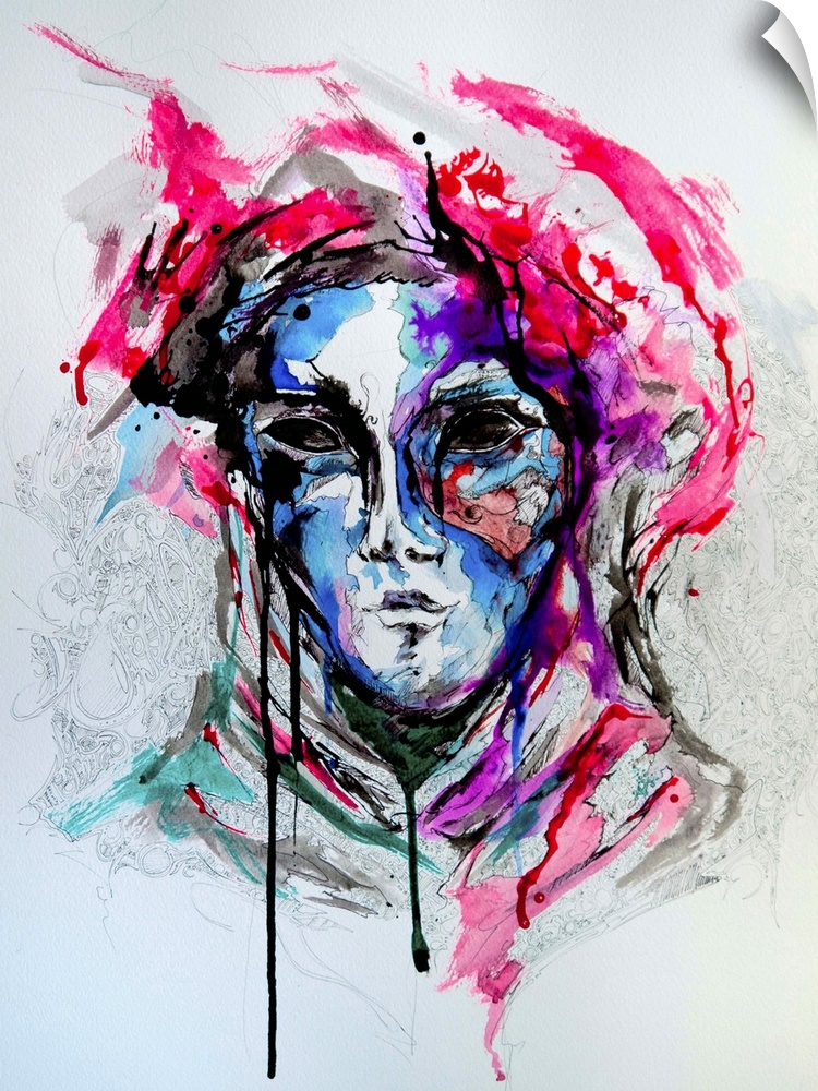 Watercolor and ink painting of a person wearing a masquerade mask.