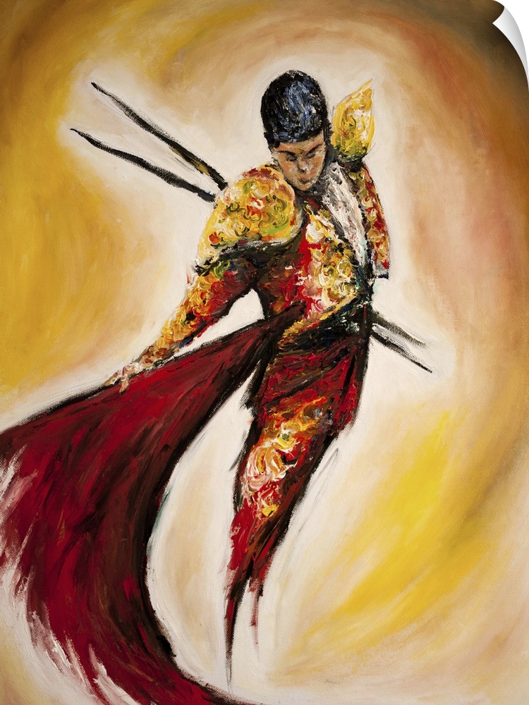 Watercolor and ink painting of a matador with a red cape for a bullfight.