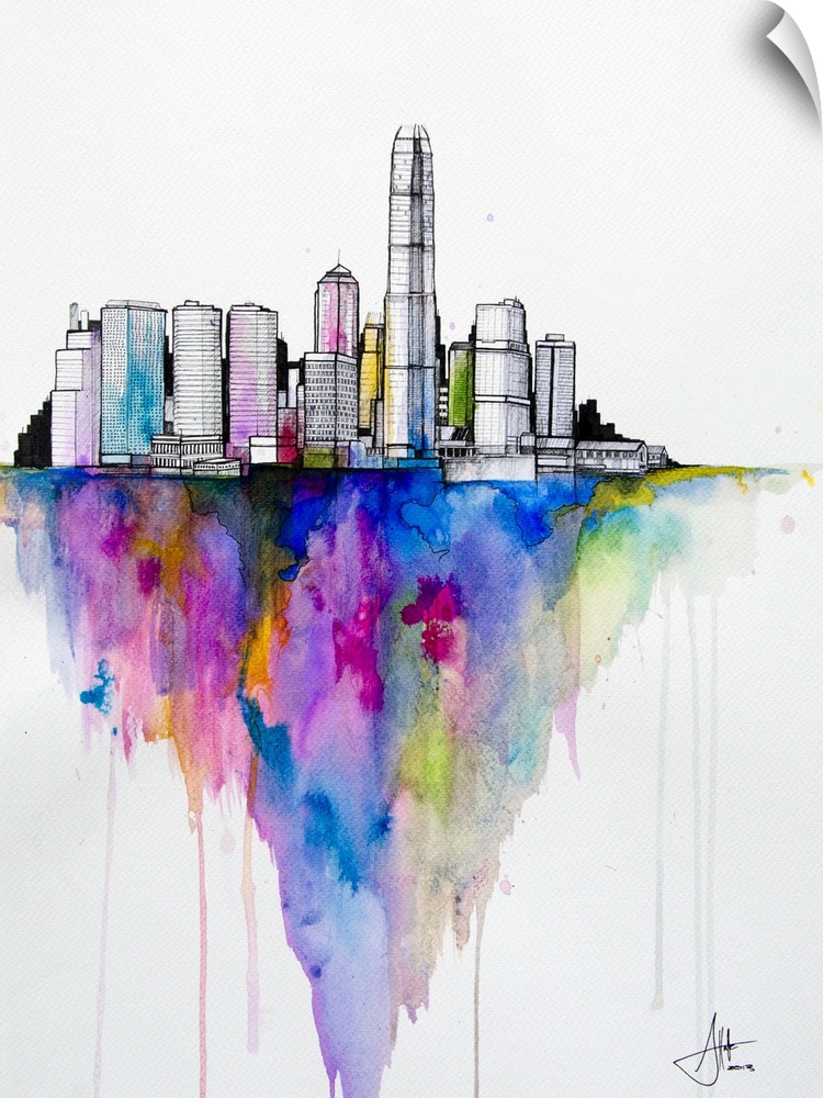 Watercolor and ink painting of a city skyline with a colorful shadow.