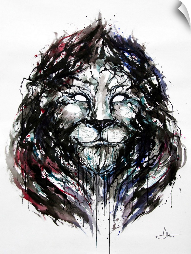 Watercolor and ink painting of a lion's face with a large mane.