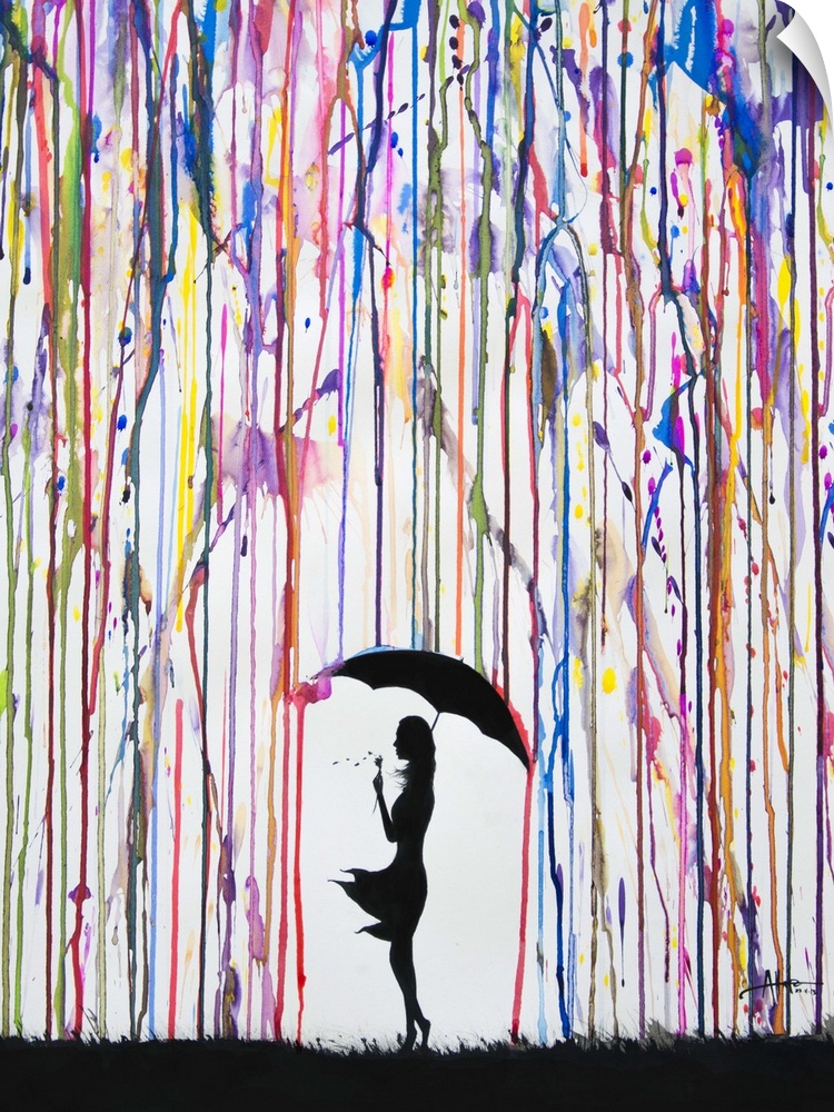 Watercolor and ink painting of a silhouetted woman with an umbrella under colorful rain.